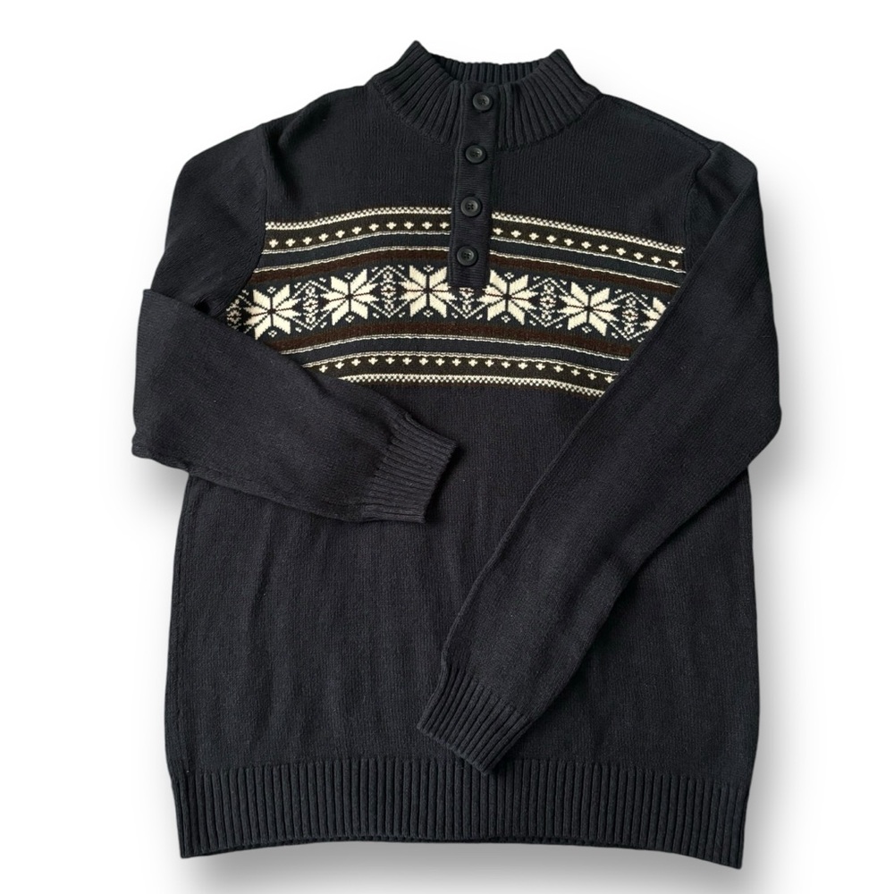 Method Mock Neck Charcoal Grey Sweater w/ White Pattern, 1/4 Button, Men’s Large
